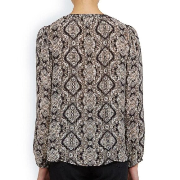 Joie Silk Shirt Womens Small Black V-Neck Long Sleeve Paisley Tassels Calla Top - Picture 3 of 7